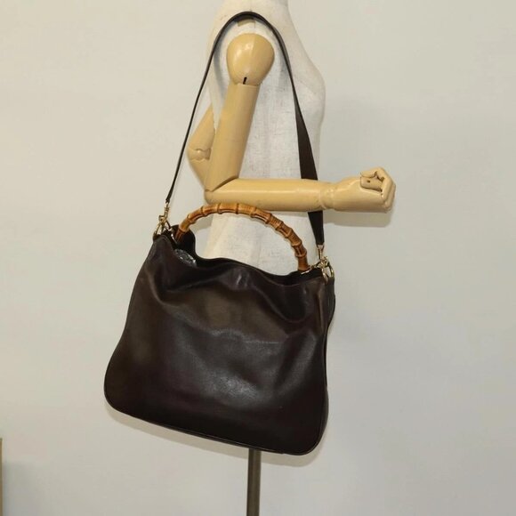 GUCCI Bamboo Shoulder Bag Leather 2way Brown Gold Auth 139168 - Picture 3 of 16